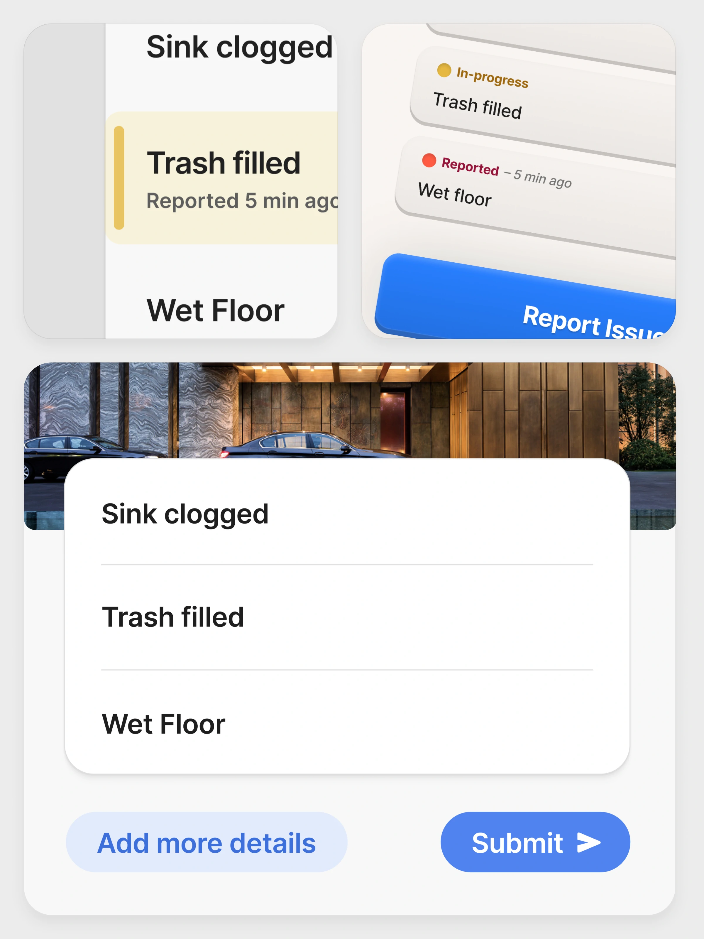 A grid of various UI elements for a public works app to report issues.