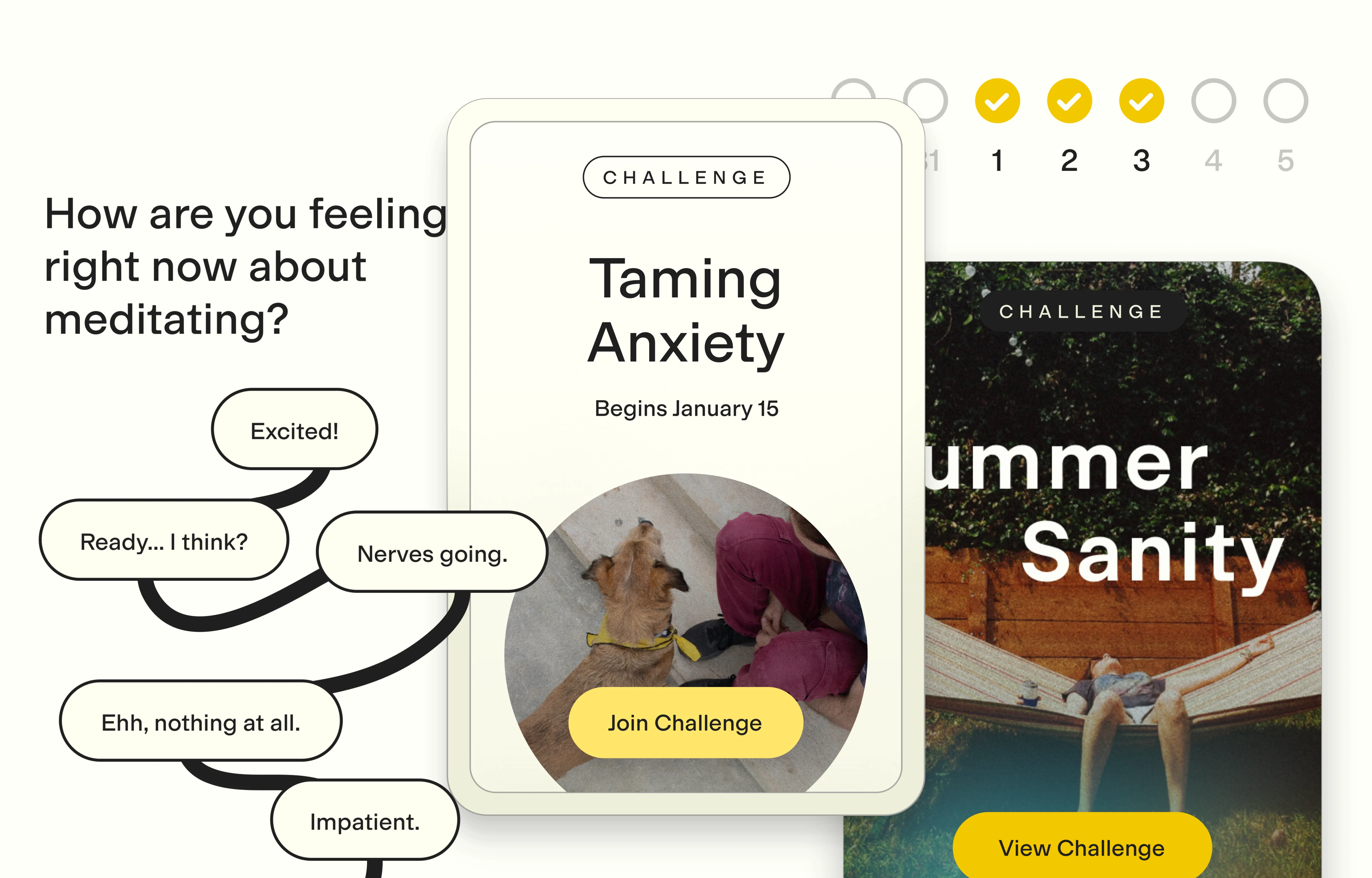 Various interface elements for a meditation app including a card for a challenge named 'Taming Anxiety' and different response options.