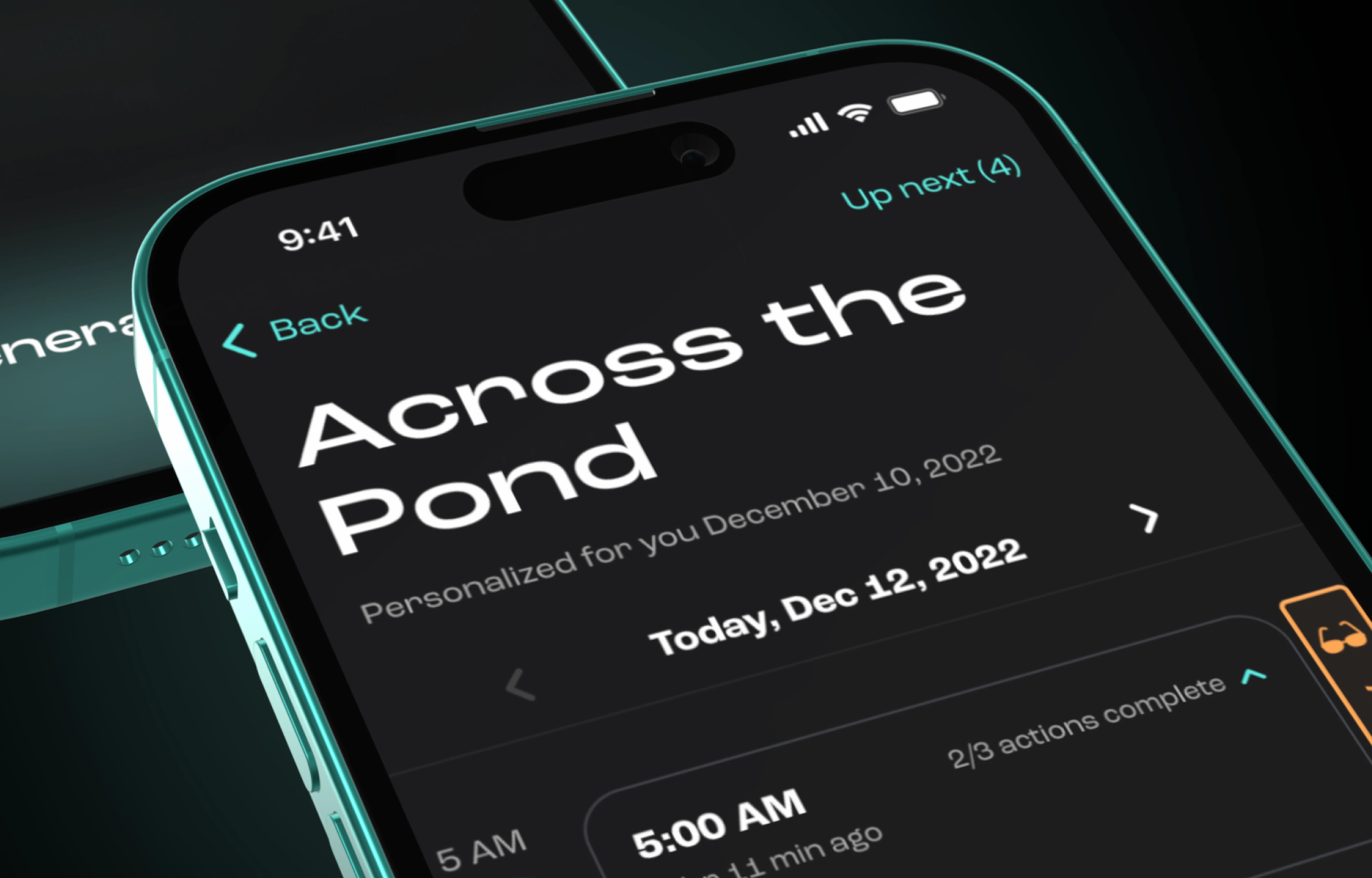 Close-up view of a phone screen showing a travel planning app with the title 'Across the Pond'.