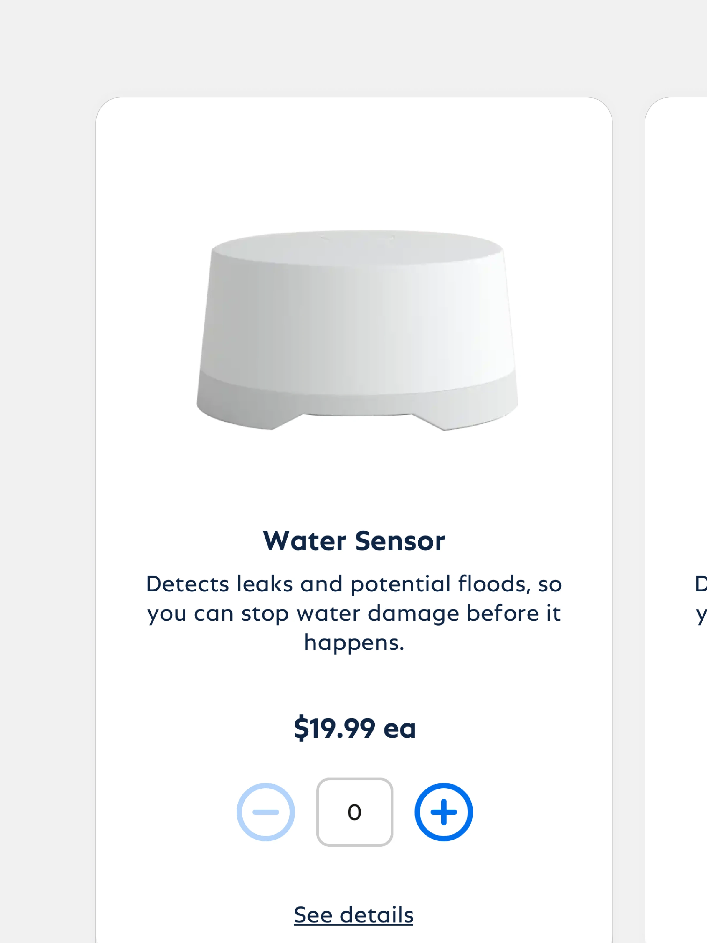 A product card on an ecommerce site showing a water sensor device designed to detect leaks and potential floods.