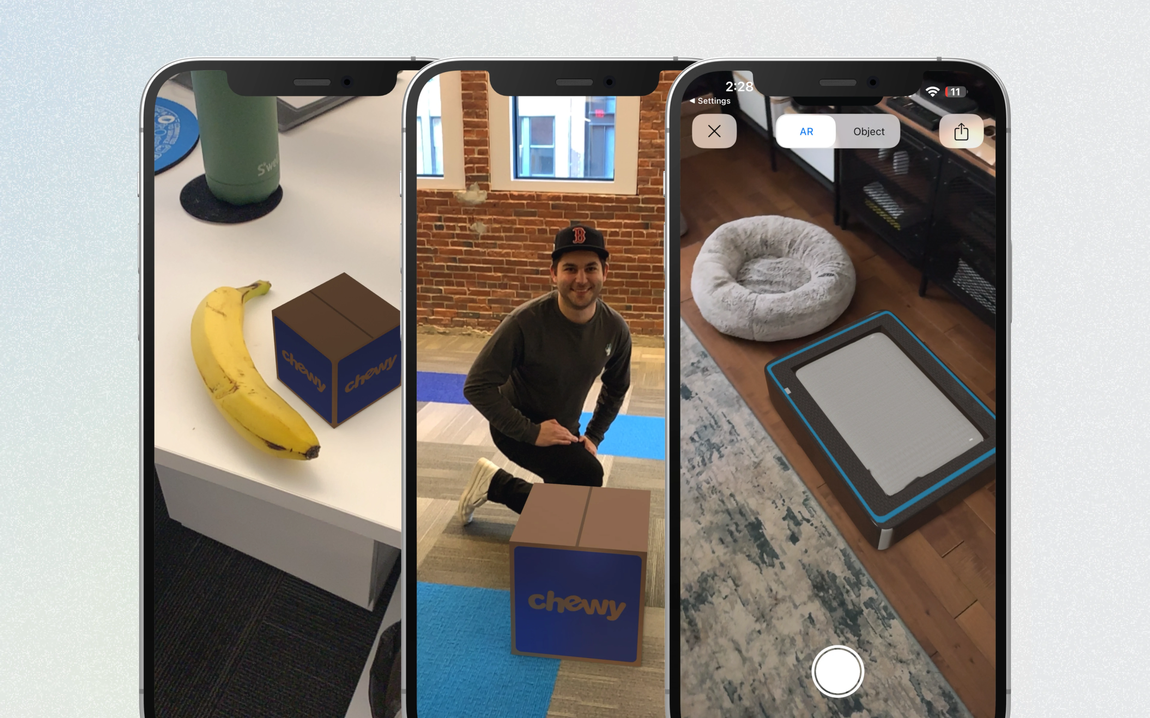 Three phone screens side by side: the first showing a banana next to a very small Chewy box in AR on a table, the second showing a person kneeling next to a real-life size Chewy box in AR, and the third showing a dog bed in AR.