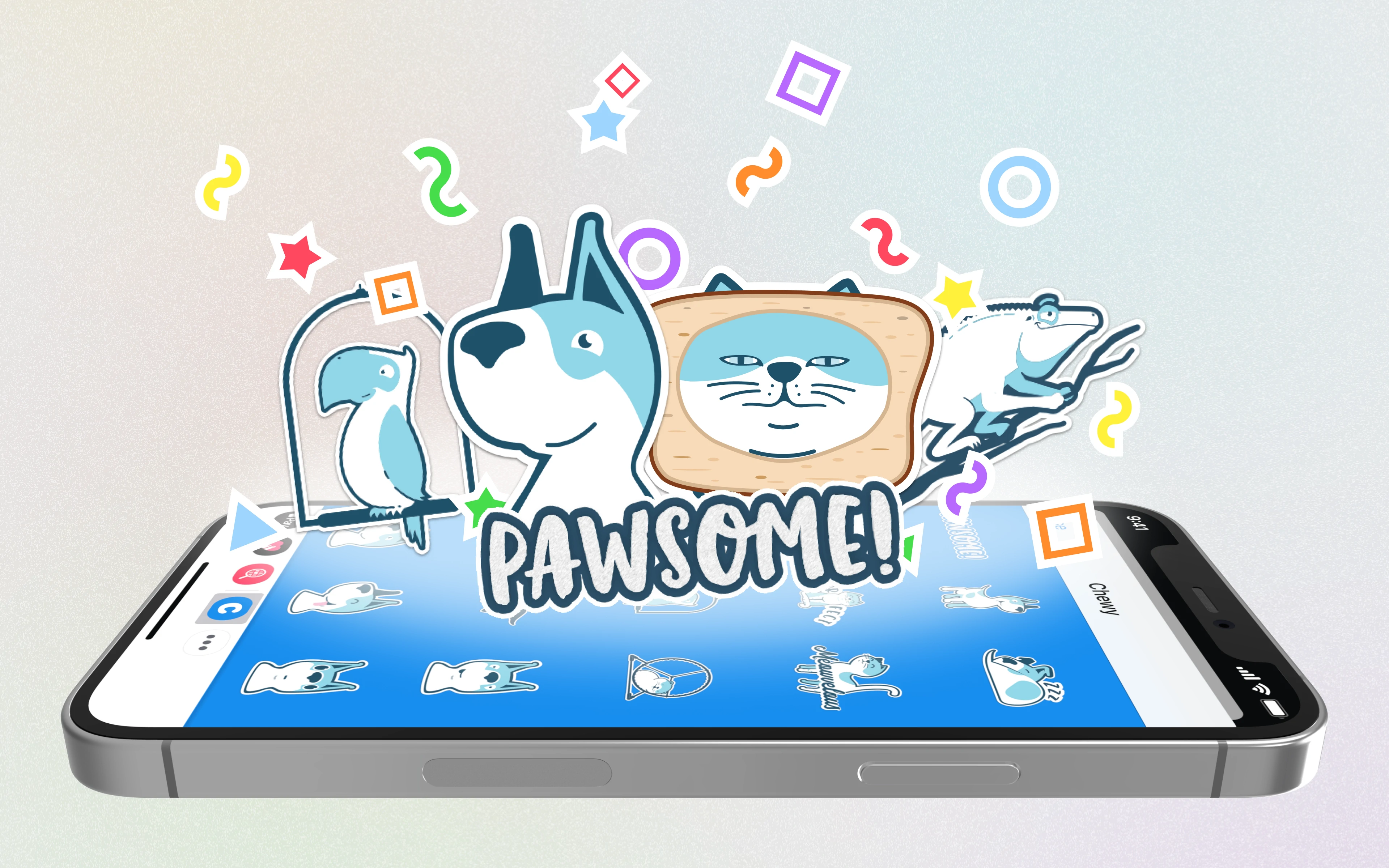 A phone screen displaying animated iMessage stickers featuring cartoon animals and pet puns.