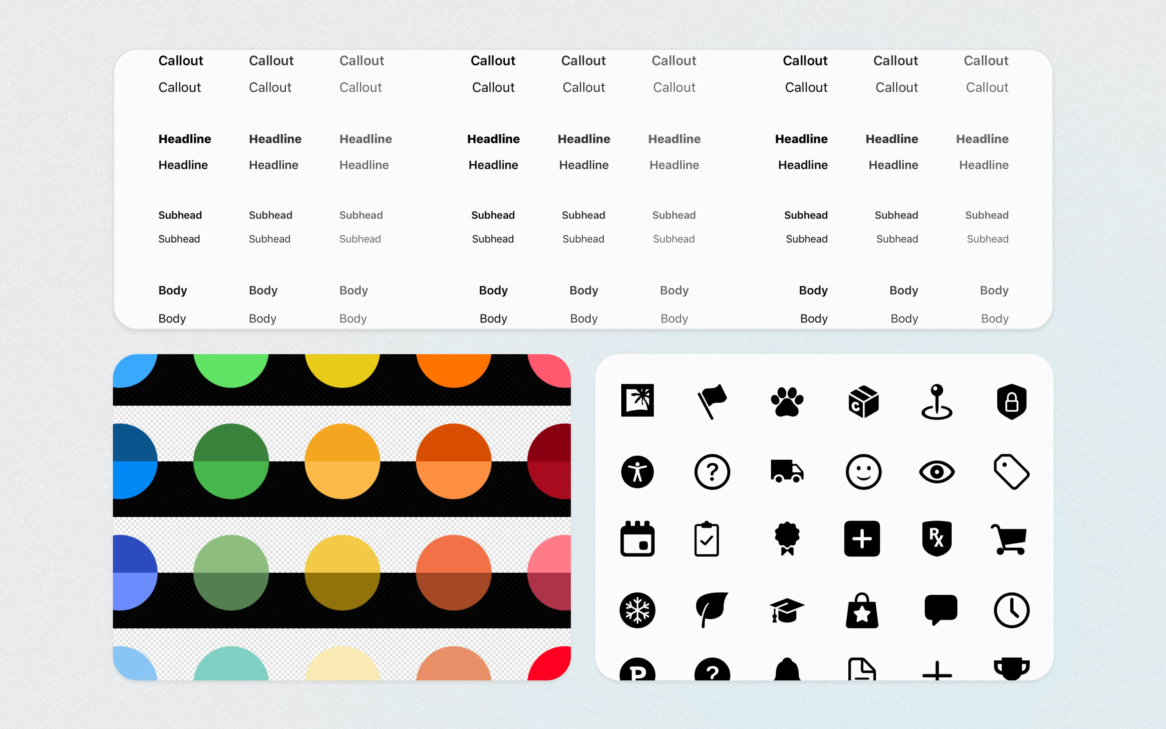 A grid of various UI components showing typography styles, color palettes, and iconography for the Chewy app.