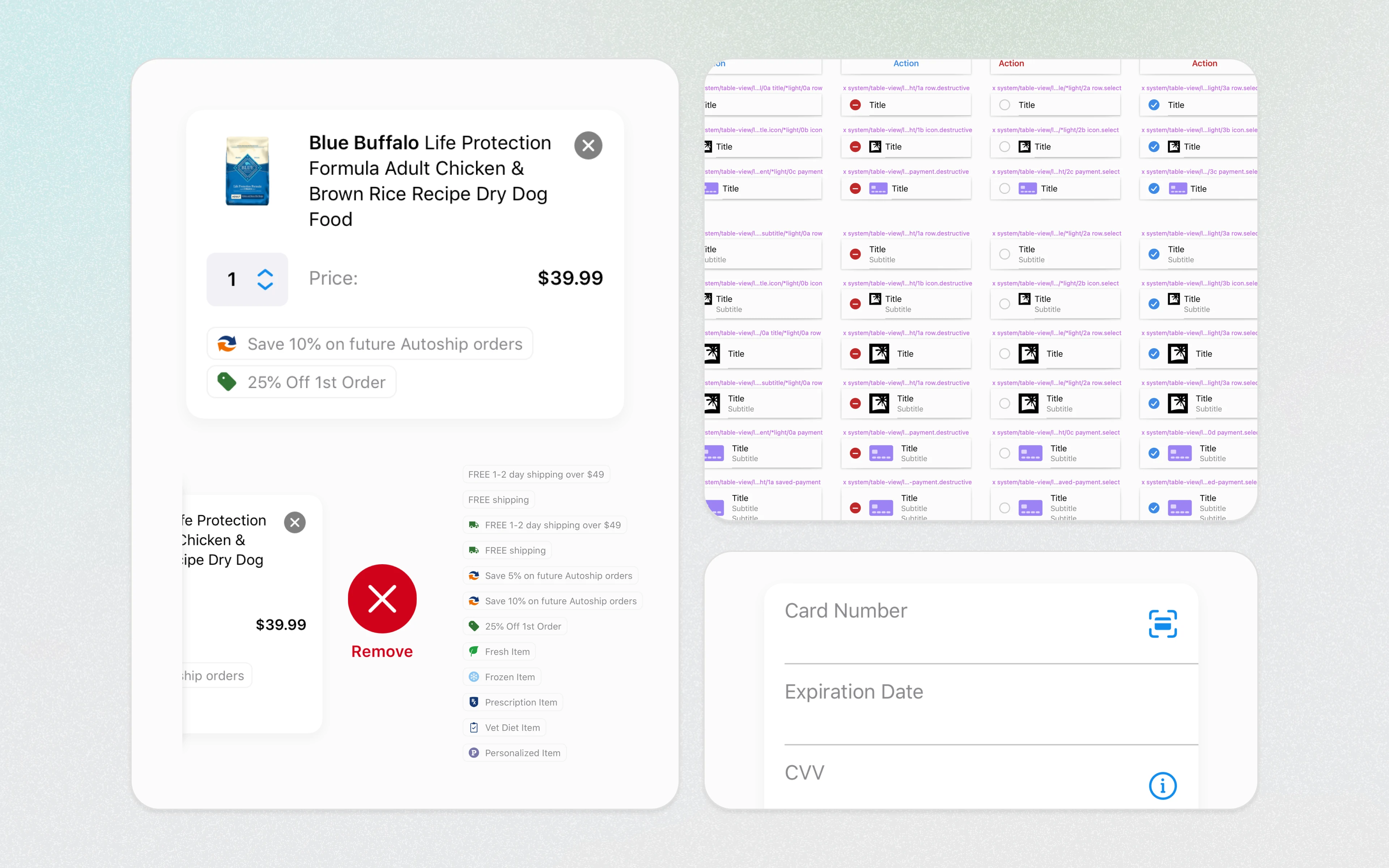 A grid of various UI components for a shopping app, including item cards, a remove button, and a payment form.