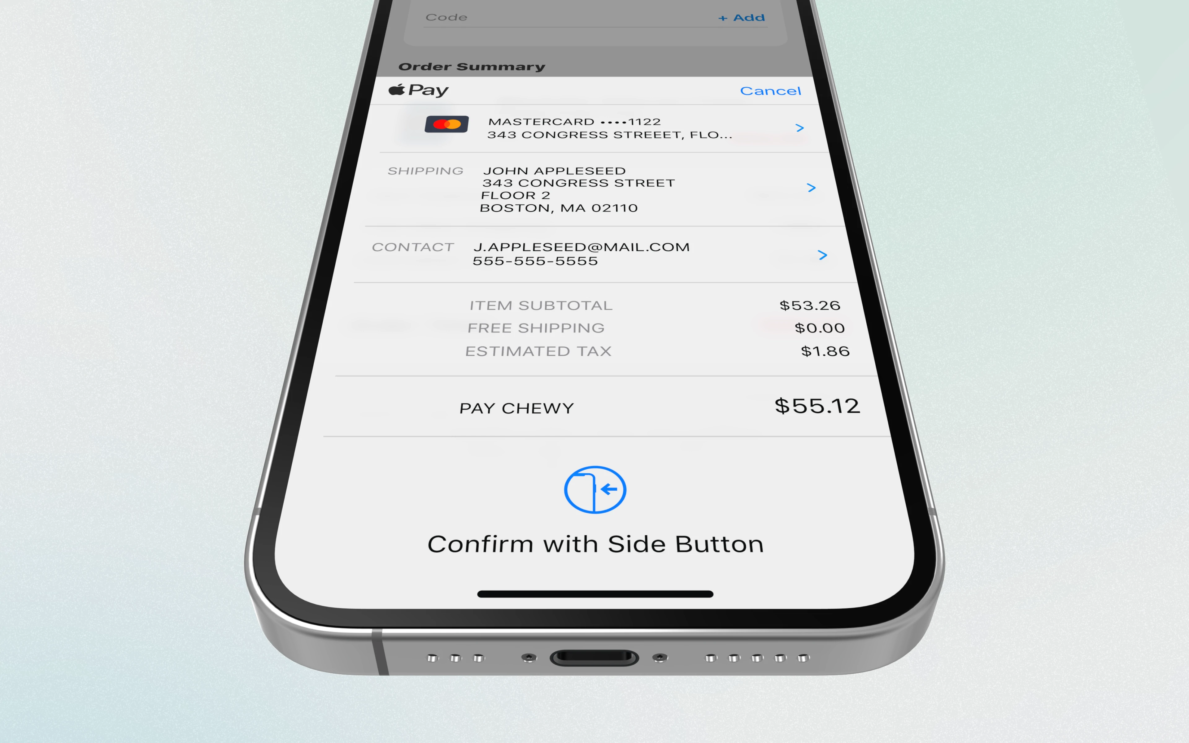 A phone screen displaying a payment confirmation page for Chewy with Apple Pay.