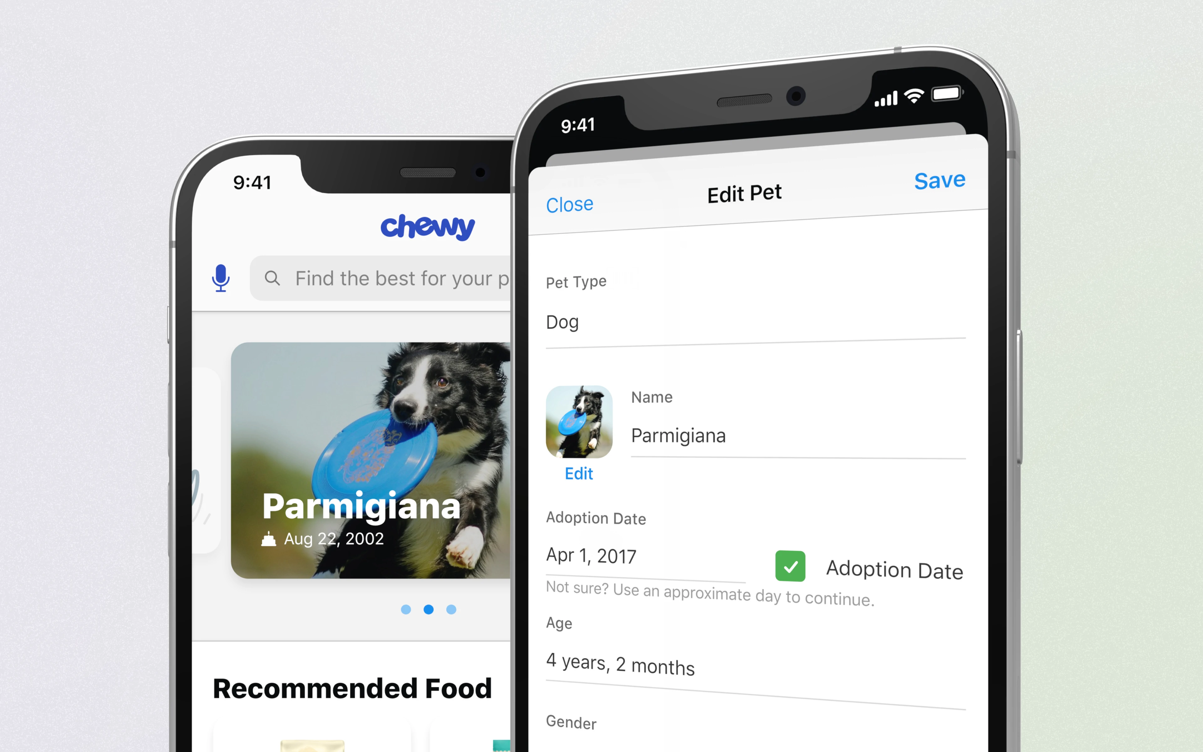 Two phone screens showing pet profiles feature, one with a dog named Parmigiana and the other with profile editing options.