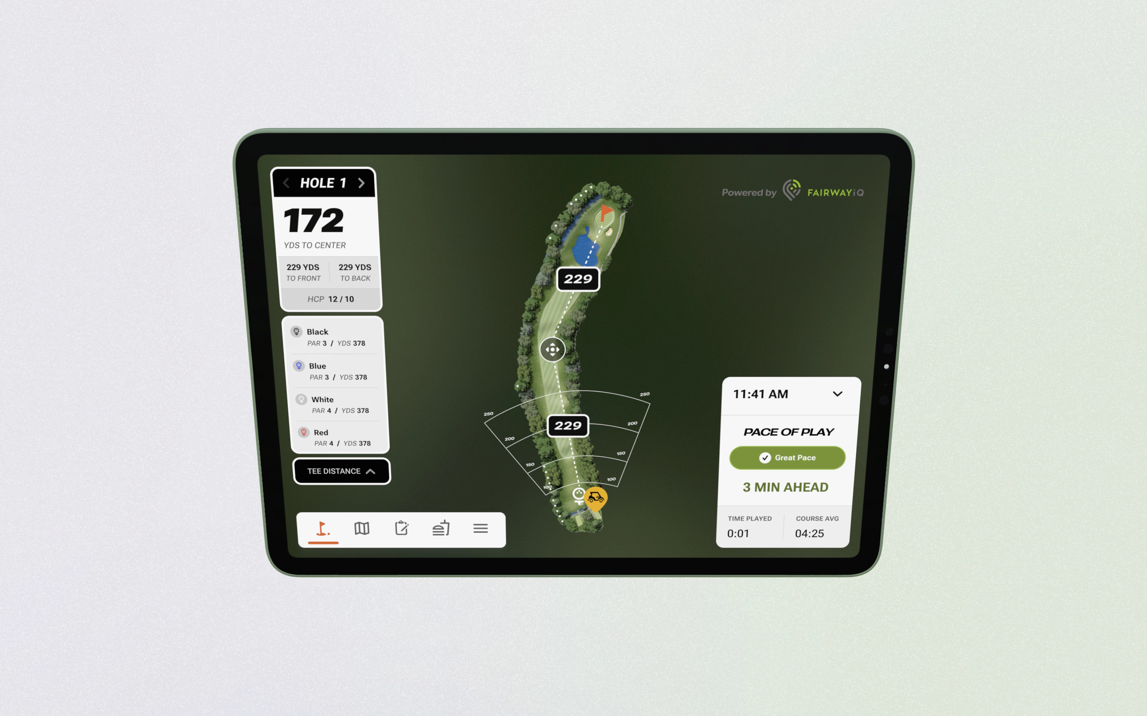 A tablet displaying a birds-eye view of a golf course and pace of play information.