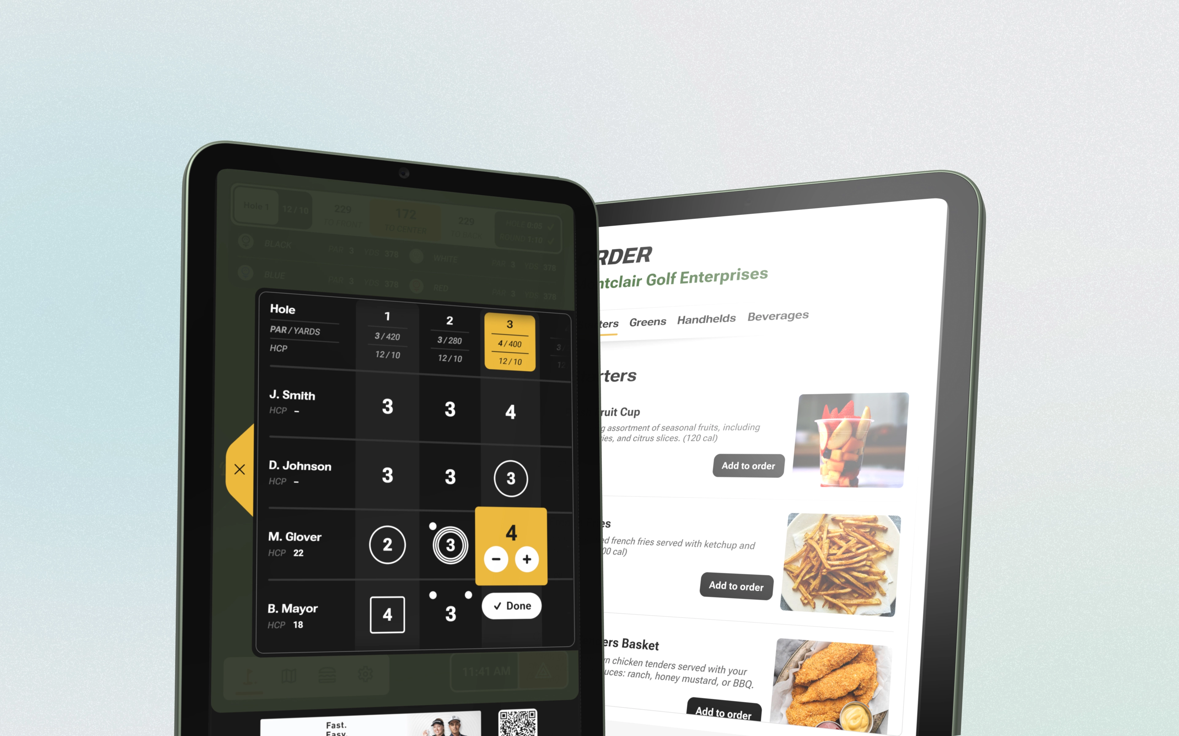 Two tablets stacked on top of each other. The left tablet displays an interactive score card, the right tablet displays a point-of-sales interface for ordering food and drinks.