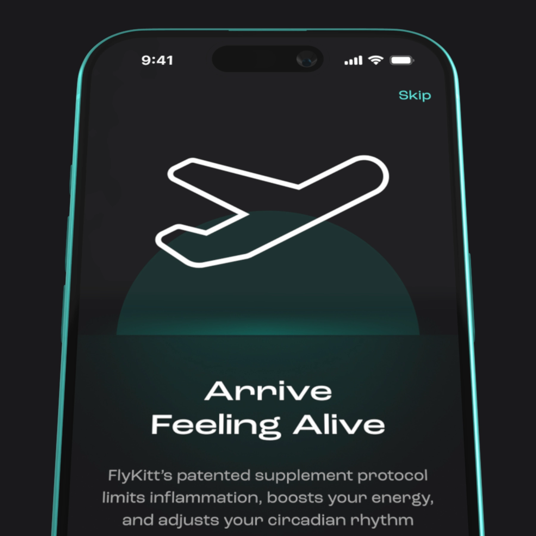 A phone displaying a step in the onboarding featuring a dark background and an airplane taking off with the caption: 'Arrive feeling revived'