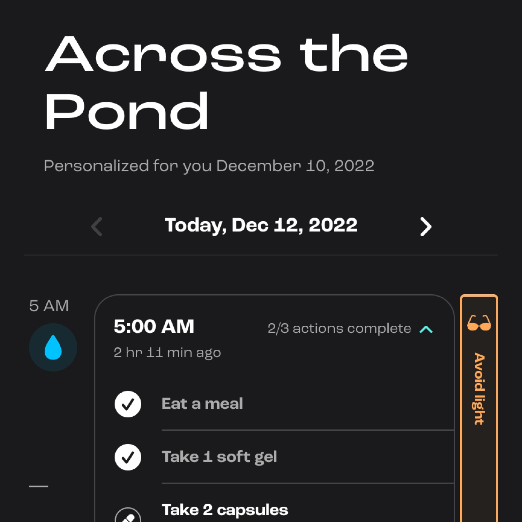 A close-up of a phone screen displaying tasks and supplements to take during the trip.