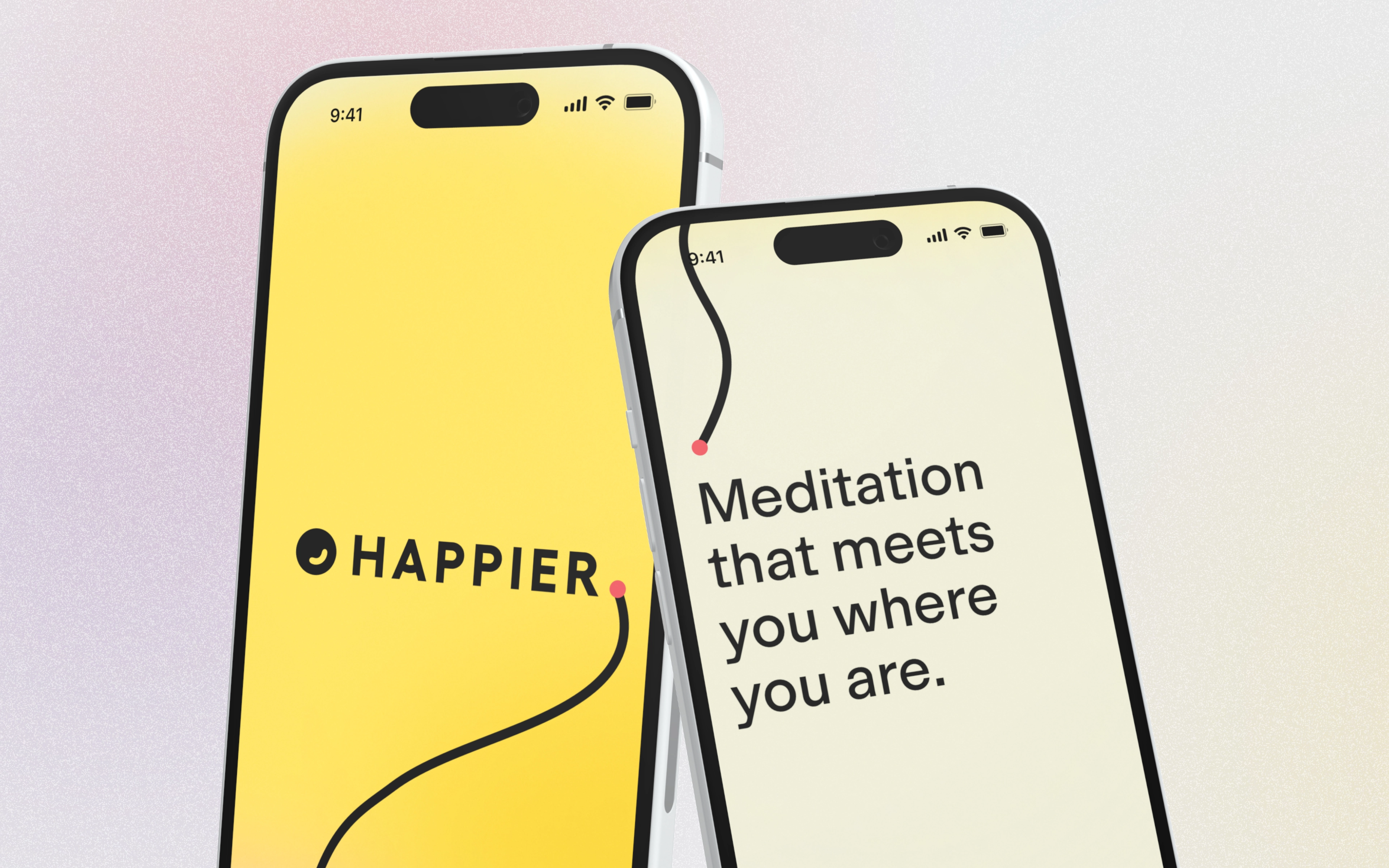 Two screenshots of the Ten Percent Happier app, displaying the new logo and their tagline: 'Meditation that meets you where you are.'