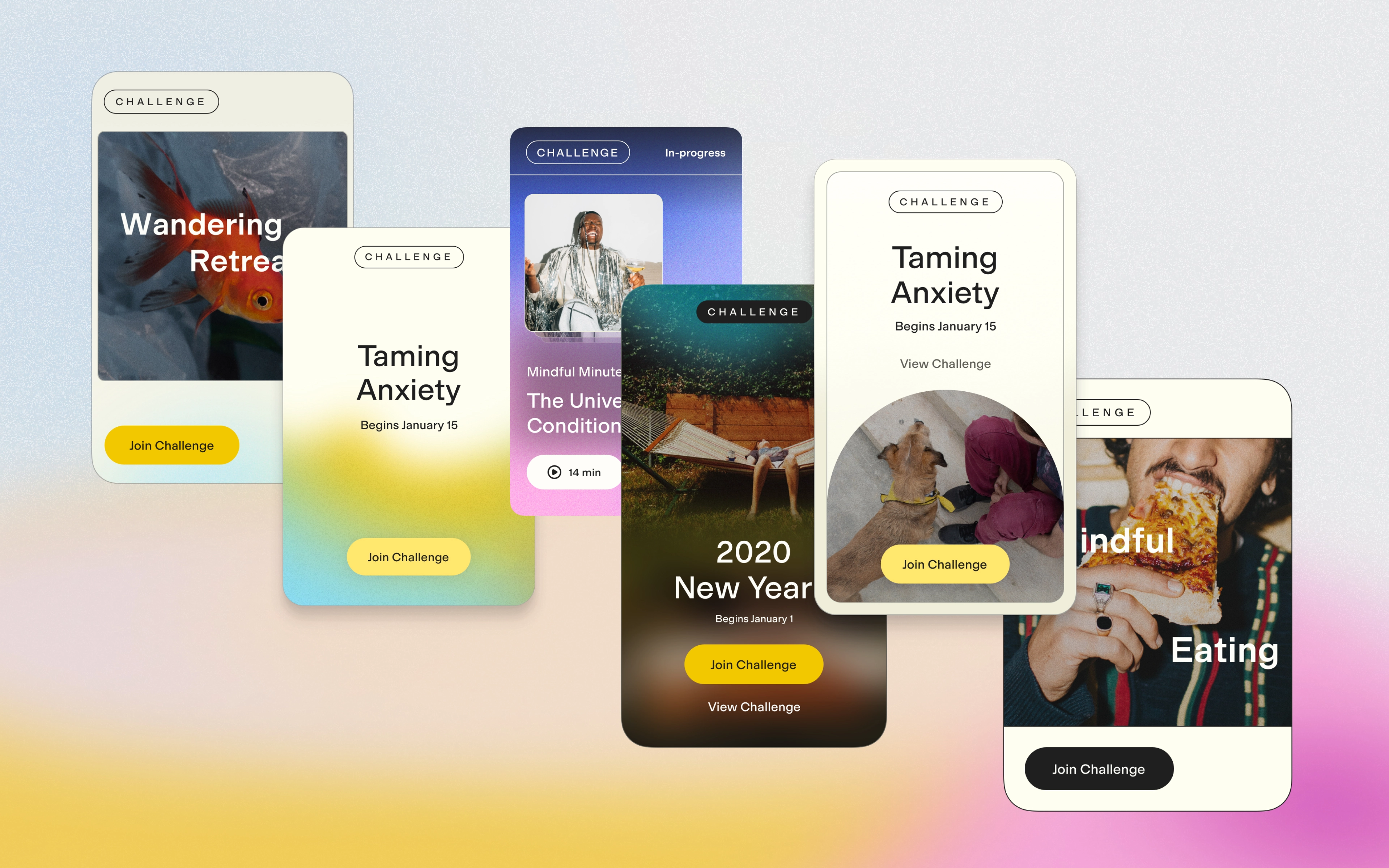 Various explorations for meditation challenges and course cards personalized to the would-be or returning meditator.