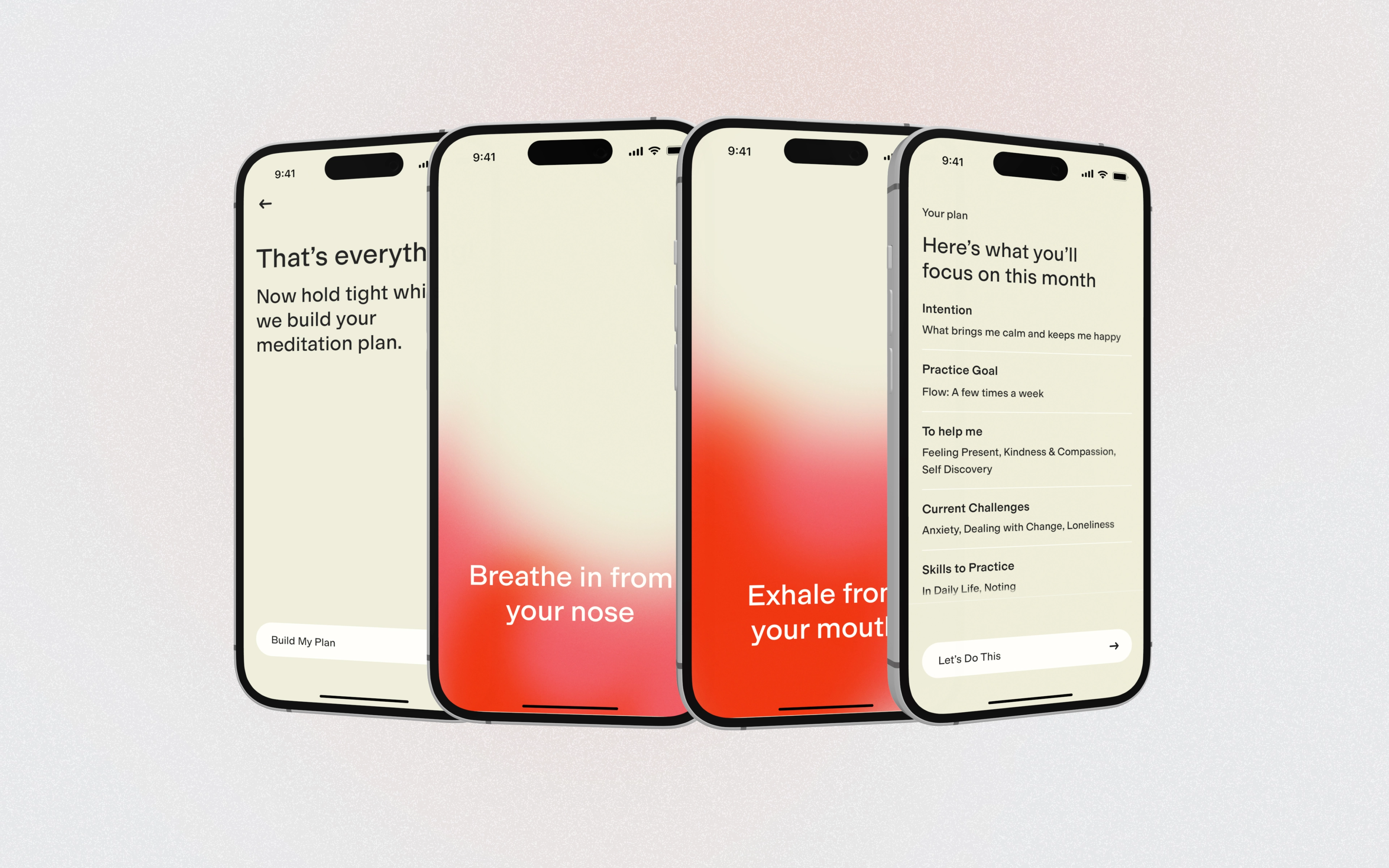 Four phones displaying the end sequence of the onboarding flow, each with a different stage of a box-breathing exercise.