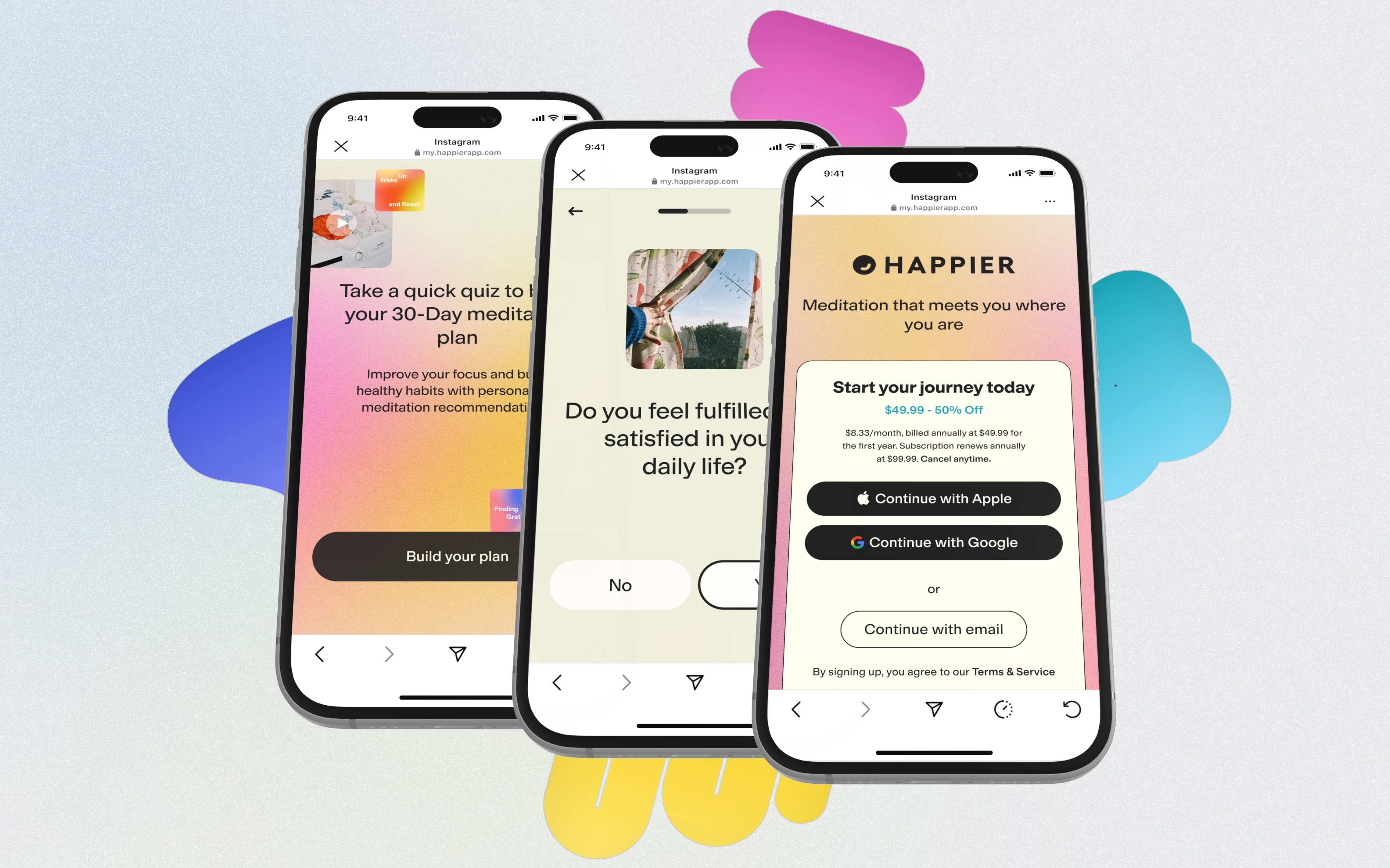 Three phones displaying a web-based quiz to identify what type of meditator you are and get you to sign-up.