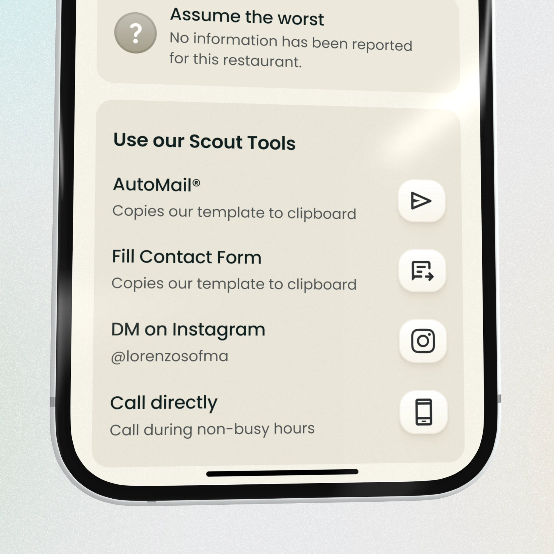 A close-up of a phone screen displaying a list of actions to take including contacting the restaurant via email with a template or using Instagram to DM.